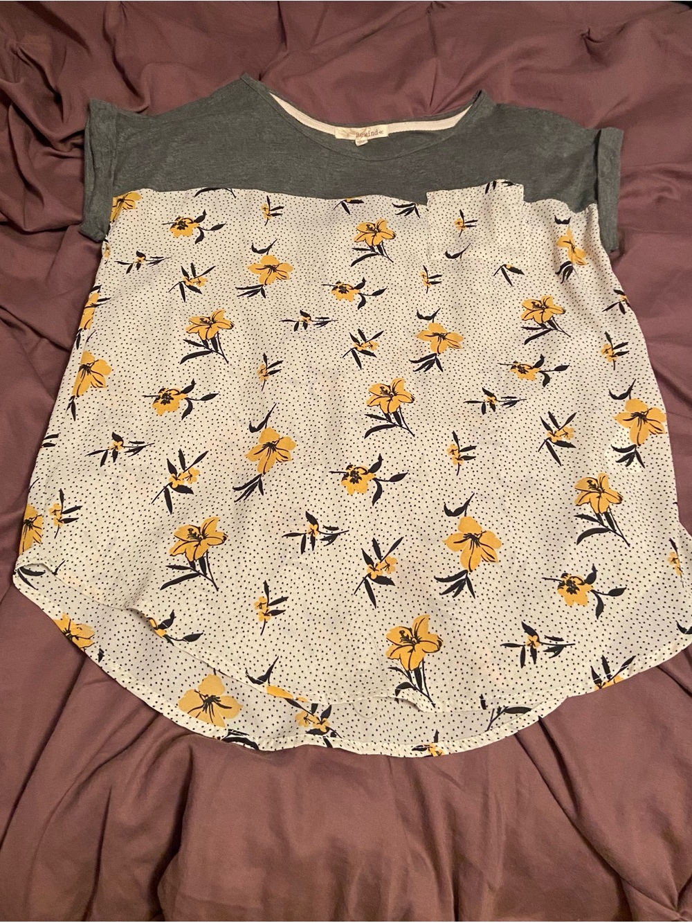 Rewind Gray Yoke White Tunic with Yellow Floral Print